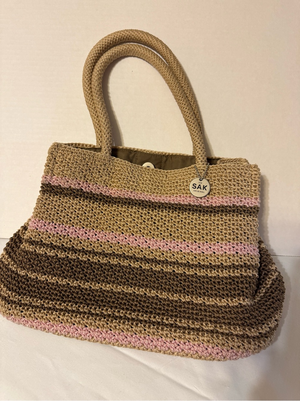 The Sak Beige Pink Brown Striped Crochet Tote